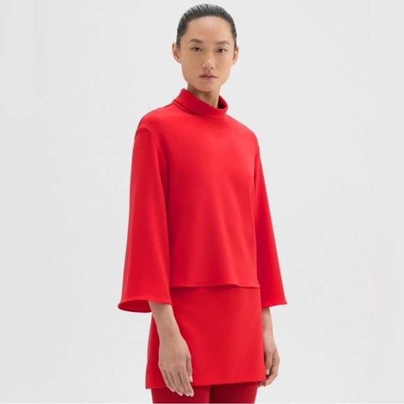 Theory Tops - NWT Theory Admiral Crepe Roll Neck Flare Sleeve Boxy Keyhole Blouse Geranium Red